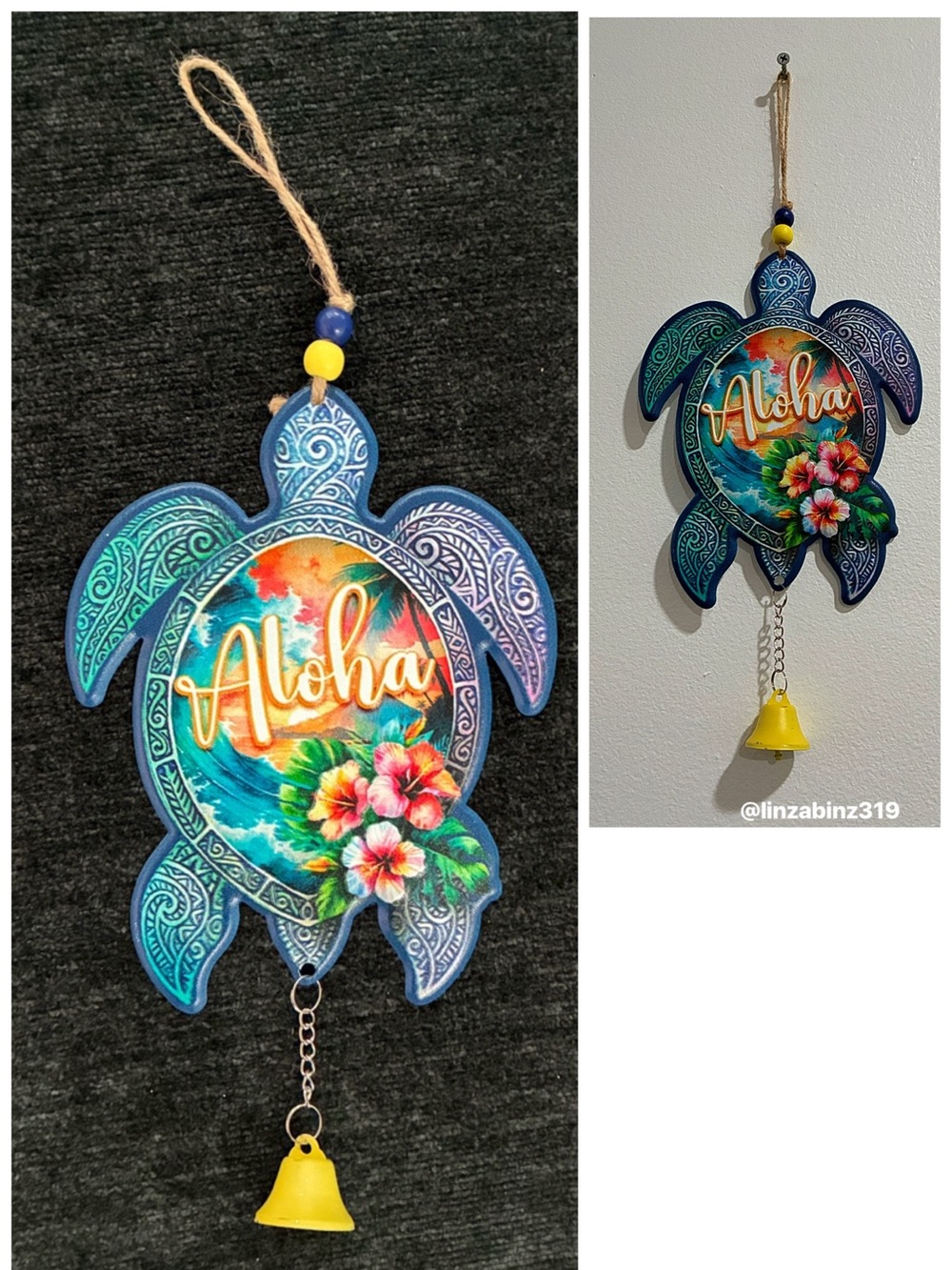 NWT-  ALOHA- Sea Turtle Metal Wall Hanging Sign w/ Ringing Bell & Beaded Hanger